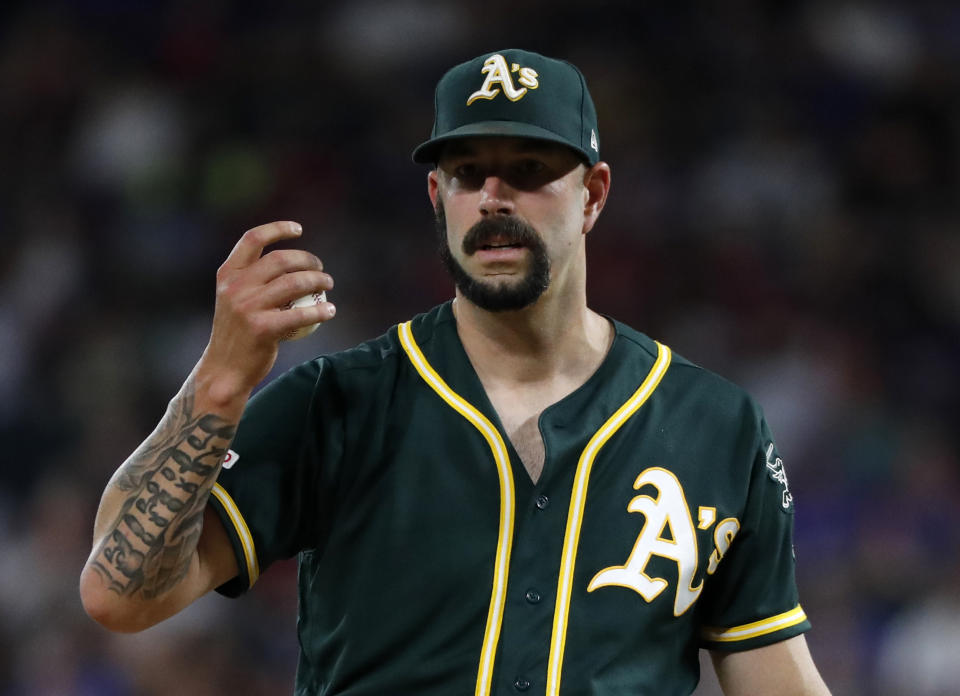 A's pitcher Mike Fiers, who blew the whistle on the Astros' sign-stealing scheme, is refusing to comment further on the situation. (AP Photo/Tony Gutierrez)