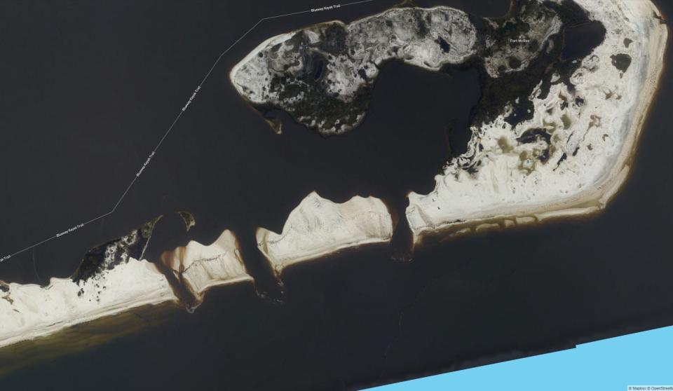 A composite of aerial photographs from the National Oceanic and Atmospheric Administration taken in the days after Hurricane Sally shows three cuts to the eastern edge of Perdido Key near Fort McRee in the Gulf Islands National Seashore.