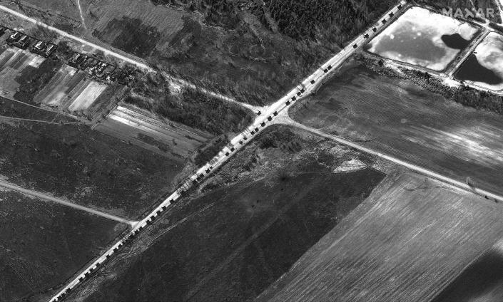 A satellite image shows a military convoy near Invankiv, Ukraine February 28, 2022. (Satellite image 2022 Maxar Technologies/Handout via Reuters)