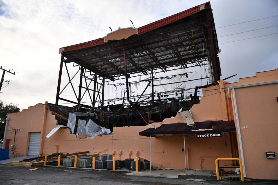 The flyloft and main stage of Venice Theatre, in downtown Venice, was destroyed by winds from Hurricane Ian.