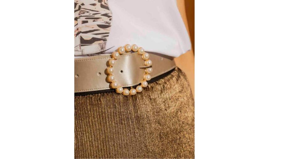 Pewter Pearl Buckle Belt, $79.95