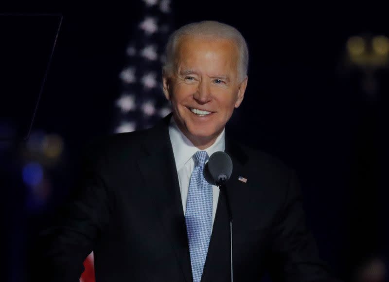 Democratic 2020 U.S. presidential nominee Joe Biden speaks at his election rally in Wilmington