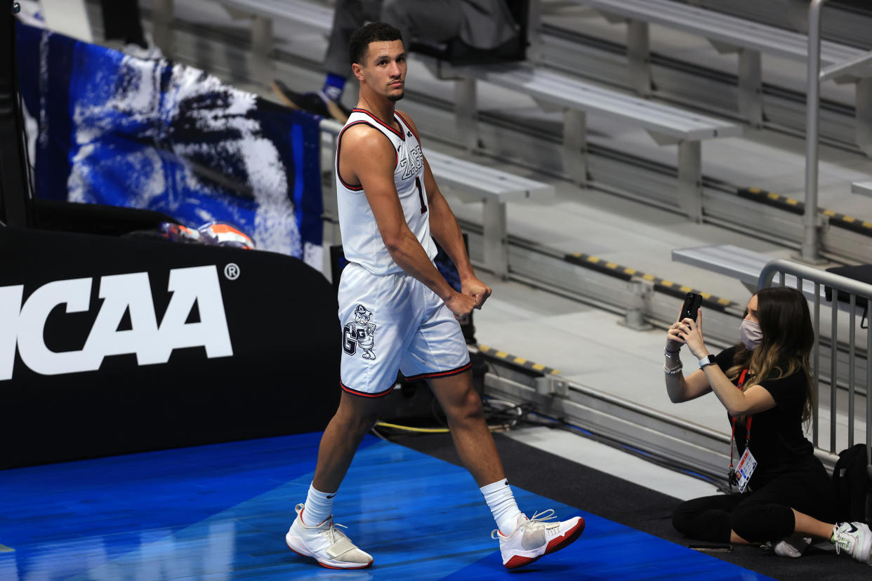 Mar 28, 2021; Indianapolis, IN, USA; Gonzaga Bulldogs guard Jalen Suggs (1) reacts in the first half against the Creighton Bluejays during the Sweet 16 of the 2021 NCAA Tournament at Hinkle Fieldhouse.  Mandatory Credit: Aaron Doster-USA TODAY Sports