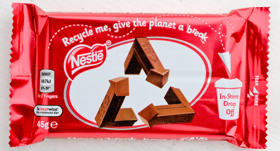 Photo shows recycling logo on limited edition KitKats.