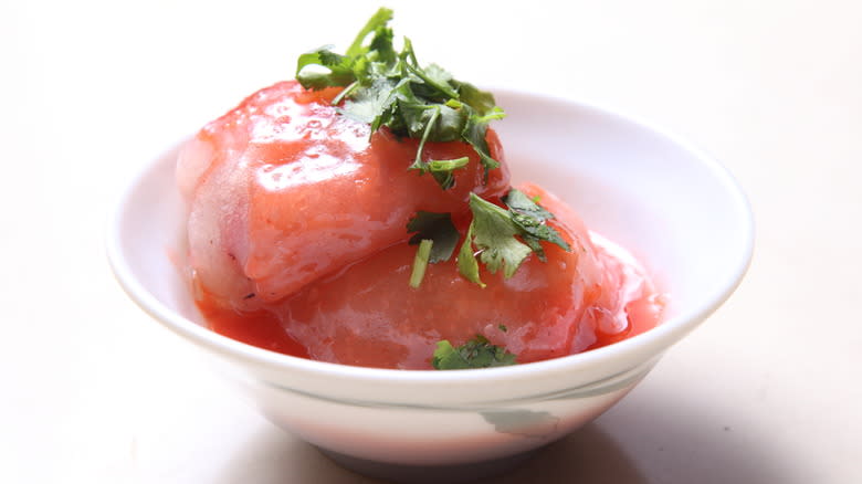 bawan dumpling with pink sauce