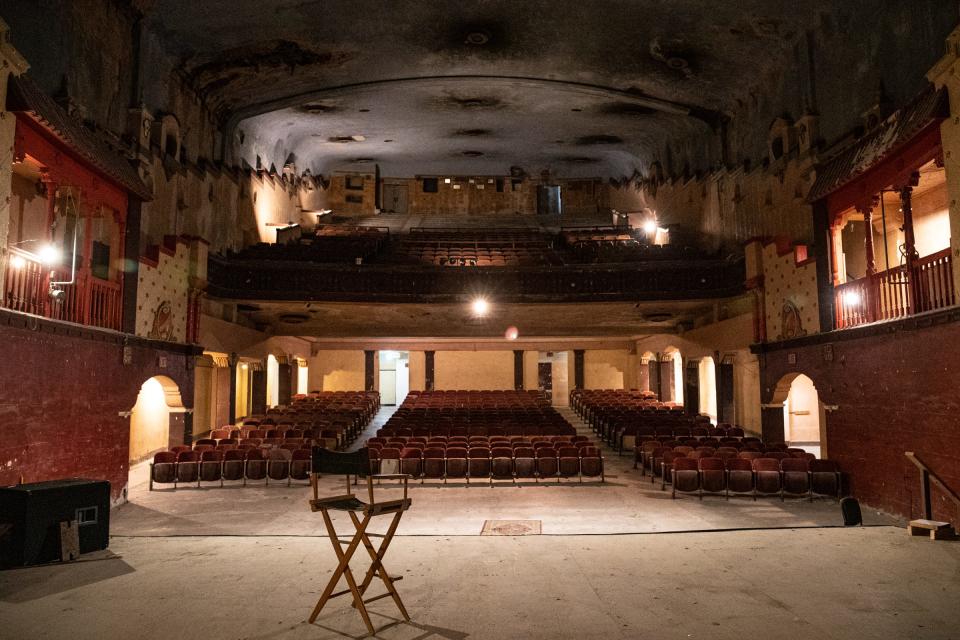 A director's chair onstage faces out toward seating at the historic Ritz Theatre on Wednesday, Feb. 1, 2023, in Corpus Christi, Texas.