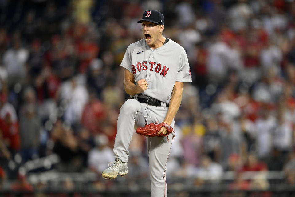 Boston Red Sox starting pitcher Nick Pivetta reacts at the end of a baseball game against the Washington Nationals, Sunday, Oct. 3, 2021, in Washington. (AP Photo/Nick Wass)