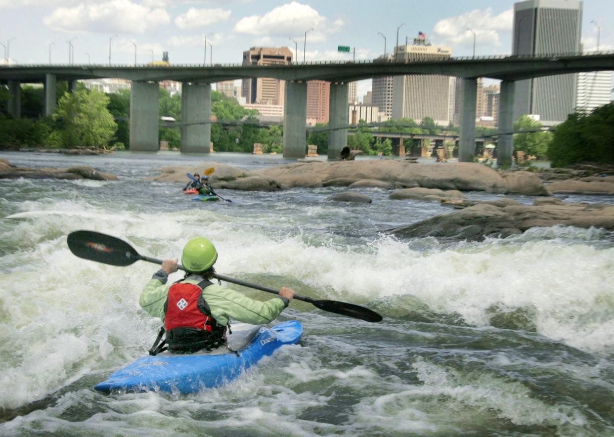 In Richmond, kayakers and whitewater rafters routinely tackle awe-inspiring Class III and IV rapids on the James River within sight of the antebellum mansions and skyscrapers.