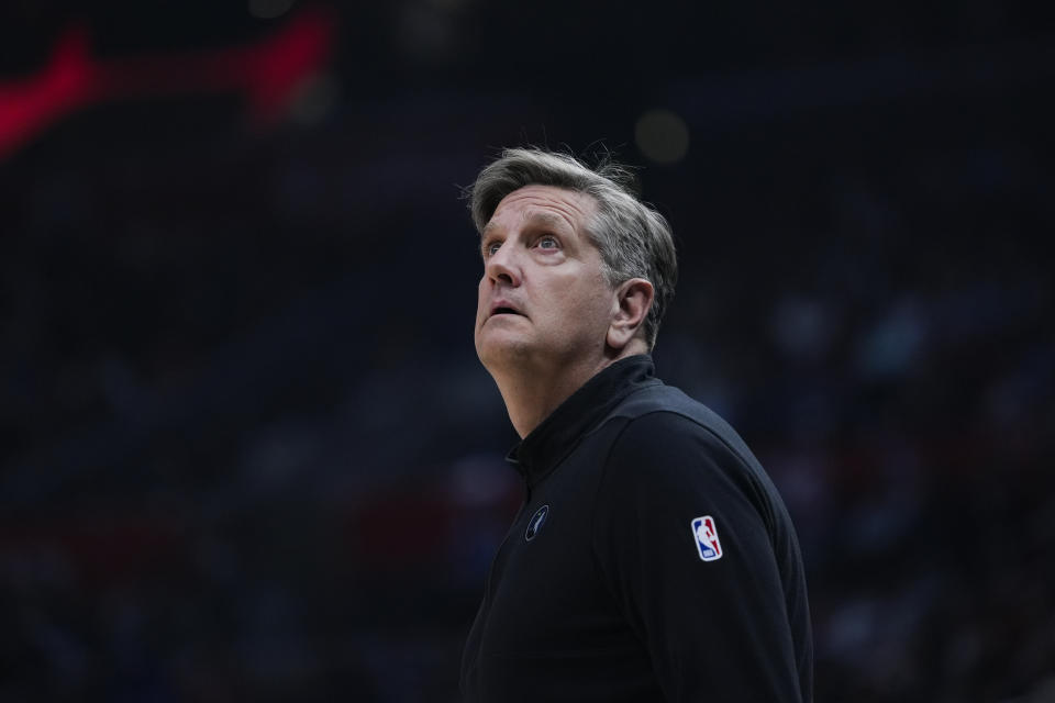 Minnesota Timberwolves head coach Chris Finch looks on during the first half of an NBA basketball game against the Los Angeles Clippers, Monday, Feb. 12, 2024, in Los Angeles. (AP Photo/Ryan Sun)