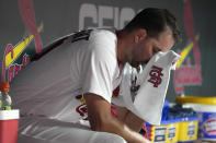 St. Louis Cardinals starting pitcher Adam Wainwright pauses in the dugout after working the seventh inning of a baseball game against the Milwaukee Brewers Monday, Sept. 18, 2023, in St. Louis. (AP Photo/Jeff Roberson)