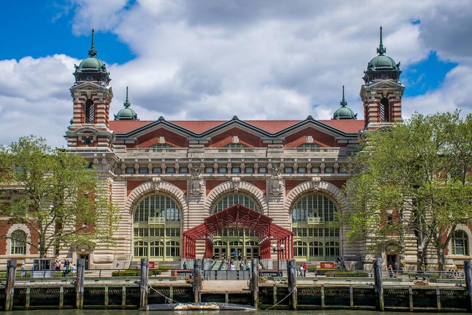 The exterior of a building on Ellis Island.