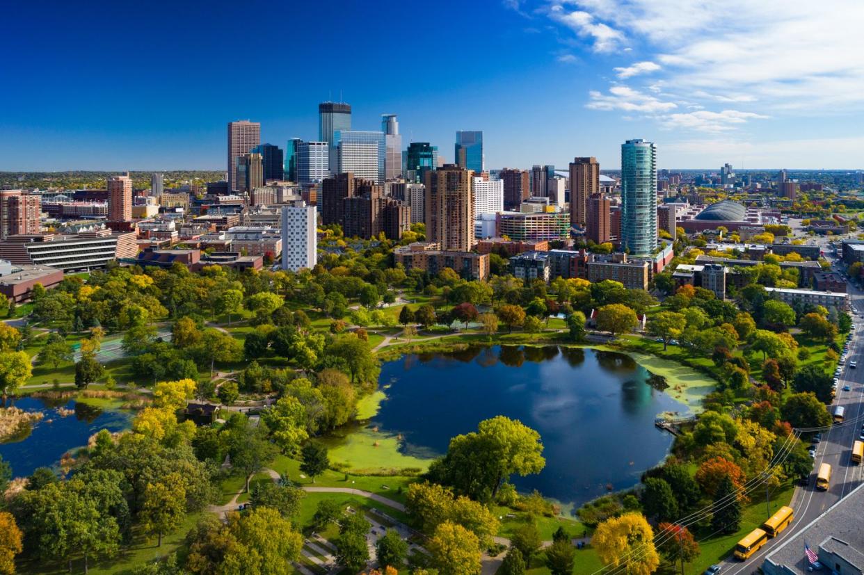 minneapolis skyline aerial with park and lake