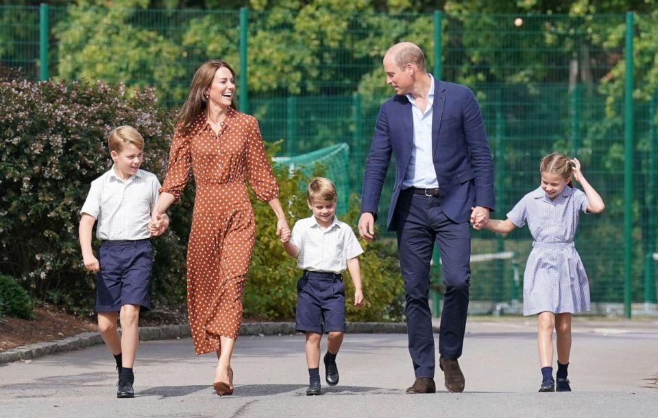 PHOTO: From left, Britain's Prince George, Kate Duchess of Cambridge, Prince Louis, Prince William and Princess Charlotte, arrive for a settling in afternoon at Lambrook School, near Ascot, England, Sept. 7, 2022.  (Jonathan Brady/Pool via AP, FILE)