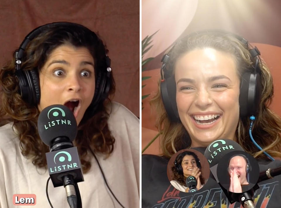 L: It's A Lot podcast producer Lem looks shocked. R: Abbie Chatfield smiles while recording her podcast