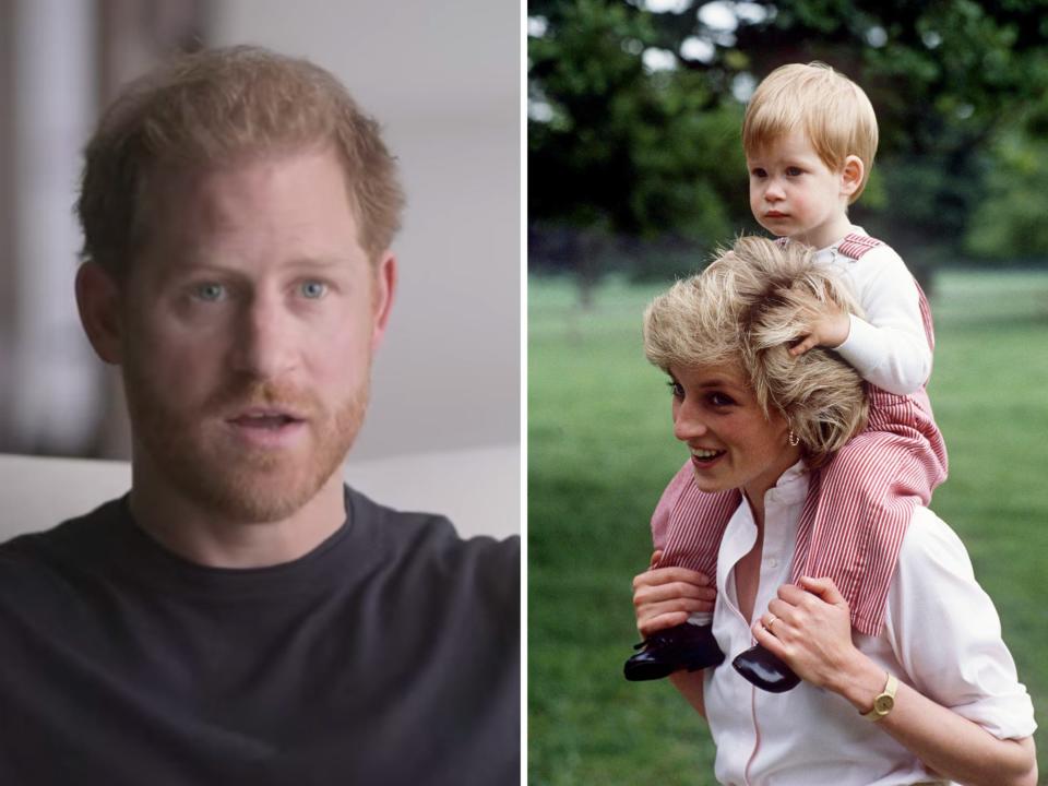 prince harry in harry and meghan and princess diana holding harry on her shoulders in 1986