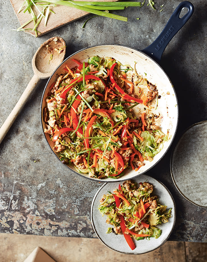 Spicy Stir-Fried Chicken and Shredded Brussels Bowls