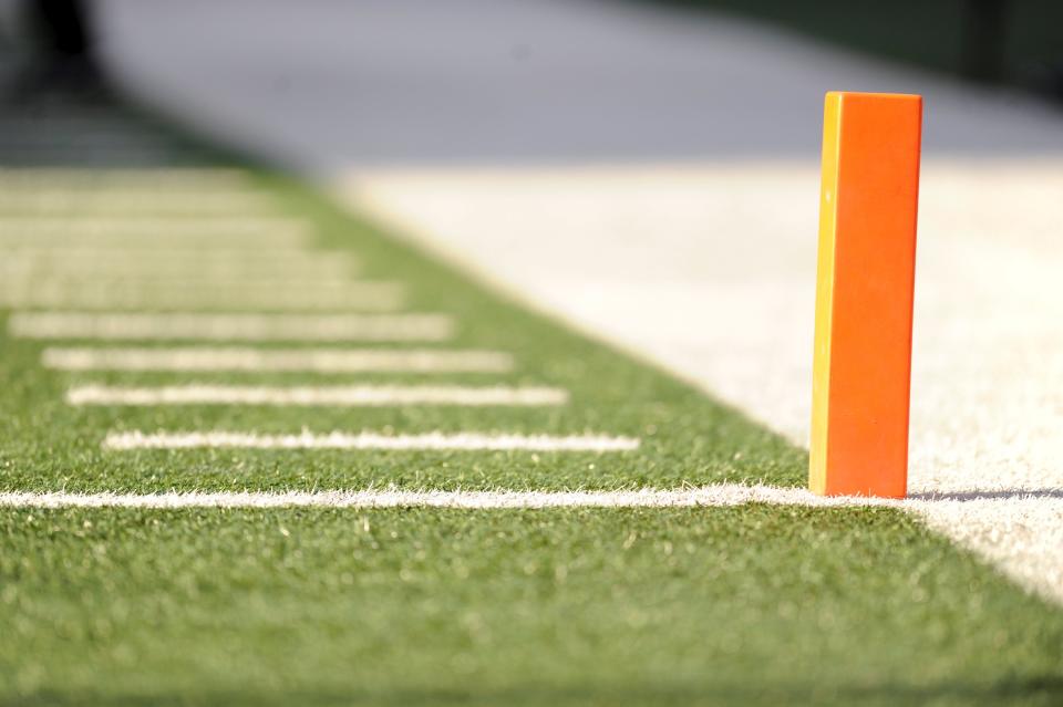 EAST RUTHERFORD, NJ - DECEMBER 14: A general field level view of the goal line pylon during a game between the New York Jets against the Buffalo Bills on December 14, 2008 at Giants Stadium in East Rutherford, New Jersey. The Jets defeated the Bills 31 to 27. (Photo by Rob Tringali/Sportschrome/Getty Images)