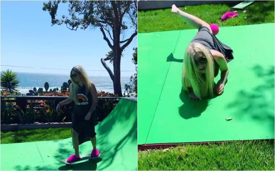 艾薇兒一身輕便的裝扮玩滑板，不幸跌個狗吃屎。（翻攝自Avril Lavigne Instagram）