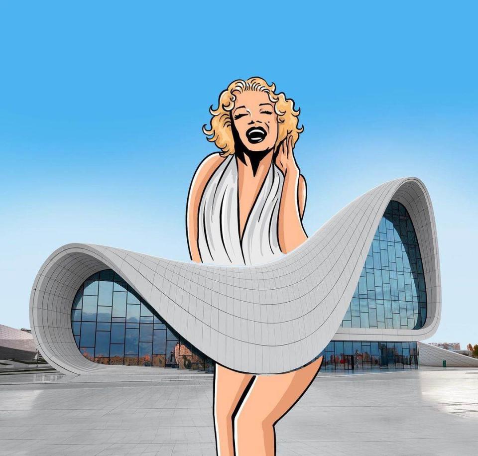 當瑪麗蓮夢露(Marilyn Monroe)最經典的裙擺，遇上亞塞拜然有外星飛船之稱的「阿利耶夫文化中心(Heydar Aliyev Centre)」，果然很match！圖片來源 @robinyayla