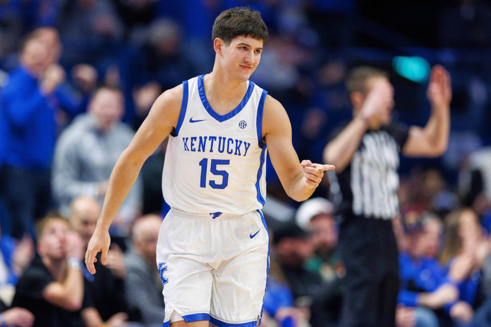 Nov 28, 2023; Lexington, Kentucky, USA; Kentucky Wildcats guard Reed Sheppard (15) reacts after making a basket during the first half against the Miami (Fl) Hurricanes at Rupp Arena at Central Bank Center. Mandatory Credit: Jordan Prather-USA TODAY Sports