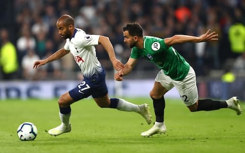 Lucas Moura of Tottenham Hotspur is challenged by Martin Montoya of Brighton and Hove Albion during the Premier League match between Tottenham Hotspur and Brighton & Hove Albion at Tottenham Hotspur Stadium on April 23, 2019 in London, United Kingdom - Credit: Getty Images&nbsp;