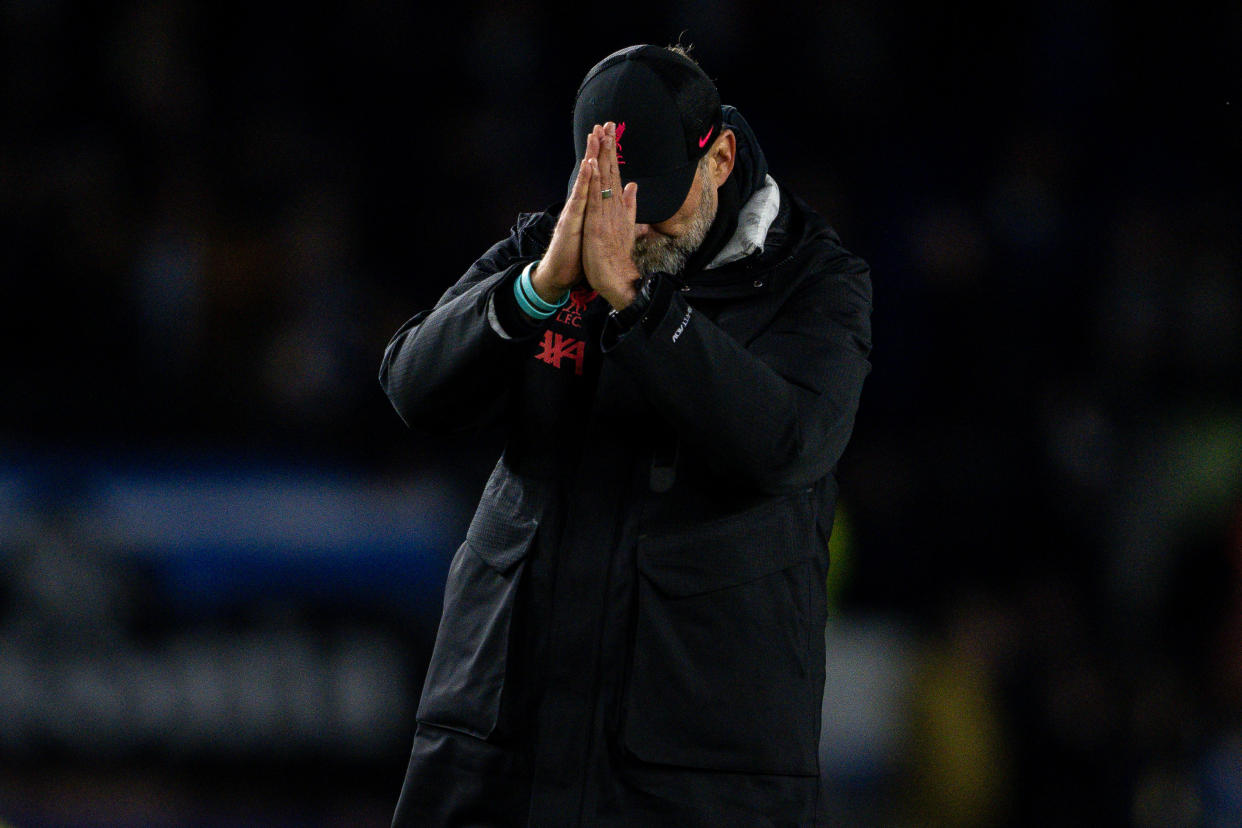 Liverpool manager Jurgen Klopp apologises to the fans after the Red's 0-3 English Premier League by Brighton. 