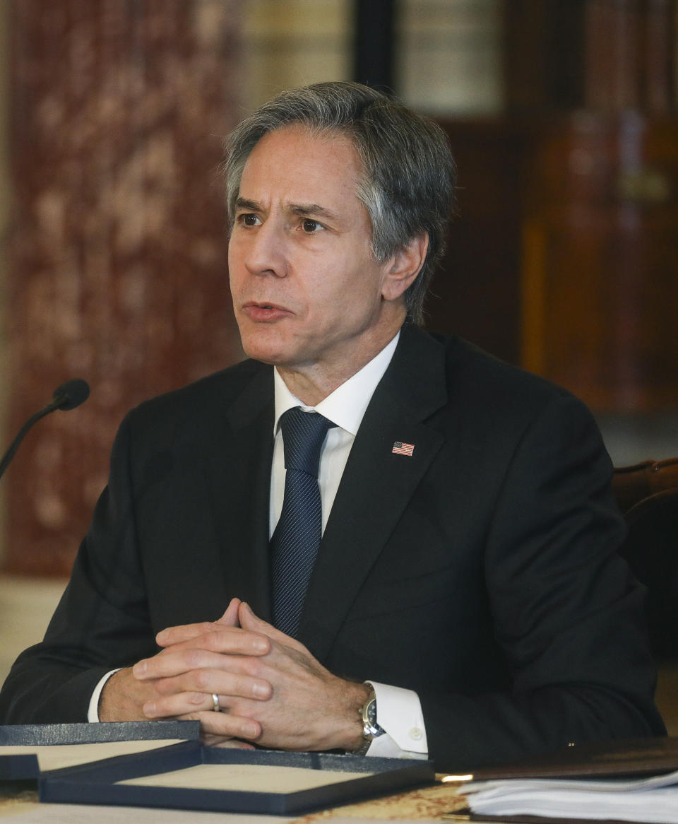 U.S. Secretary of State Antony Blinken participates in virtual meeting with UN Secretary-General Antonio Guterres from the State Department in Washington, on Monday, March 29, 2021. (Leah Millis/Pool via AP)