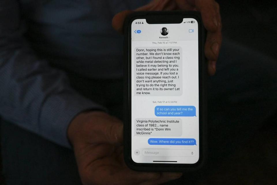 The initial text-message exchange between Donn McGinnis and Ken Brooks, displayed on McGinnis’s iPhone.