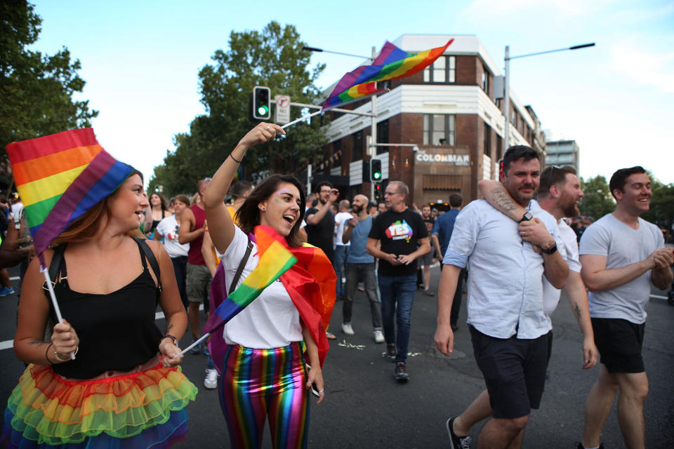 <p>Crowds supporting the Same Sex Marriage Survey party down Oxford St., in the heart of Sydney’s gay precinct on November 15, 2017 in Sydney, Australia. (Photo by James Alcock/Getty Images) </p>