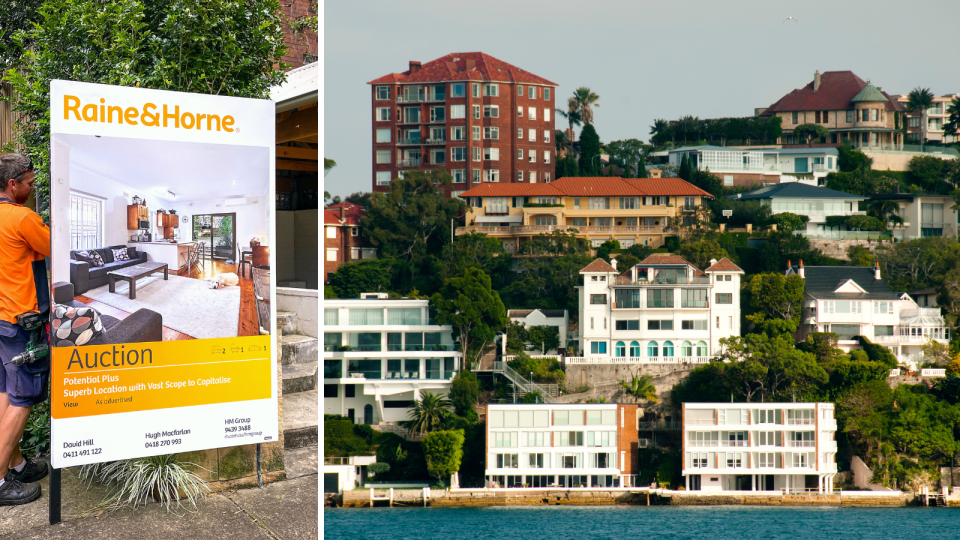 A composite image of a sign out the front of a property that indicated it is for sale and rows of apartment blocks and houses on the Australian coast line.