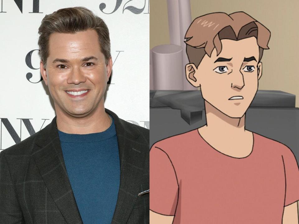 Andrew Rannells, left, in October 2023. William Clockwell, right, on season two of the animated series "Invincible."