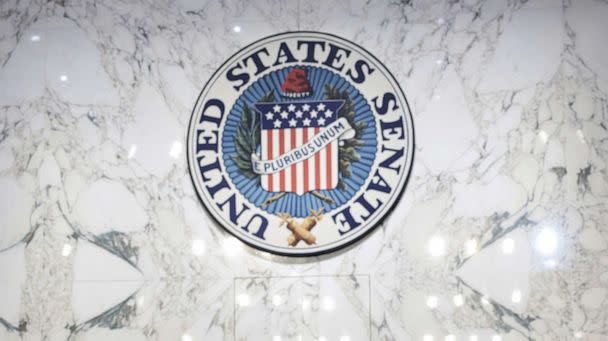 PHOTO: A United States Senate logo on the wall of a Senate Judiciary Committee hearing room on Capitol Hill, Apr. 4, 2022, in Washington. (Anna Moneymaker/Getty Images)