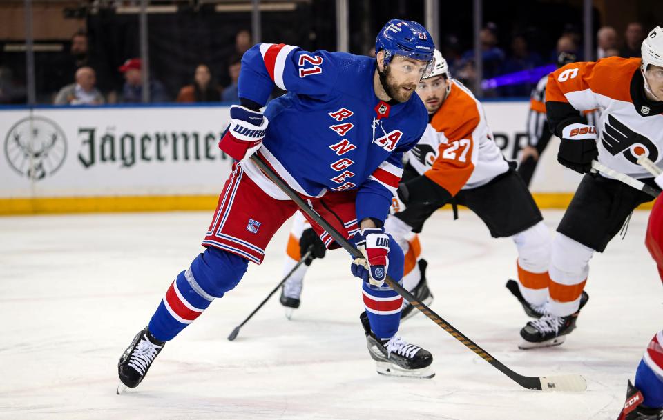 Apr 11, 2024; New York, New York, USA; New York Rangers center Barclay Goodrow (21) during the first period against the Philadelphia Flyers at Madison Square Garden.