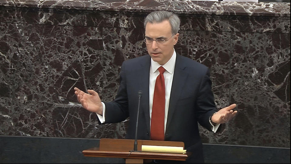 White House counsel Pat Cipollone during the impeachment trial of President Trump on Jan. 30. (Senate Television via AP)