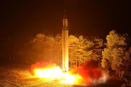 Intercontinental ballistic missile (ICBM) Hwasong-14 is pictured during its second test-fire in this undated picture provided by KCNA in Pyongyang on July 29, 2017. KCNA via Reuters/Files