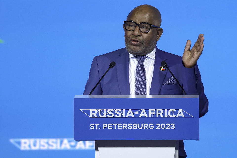 African Union Chairman, President of the Union of the Comoros Azali Assoumani addresses the plenary session of the Russia-Africa Economic and Humanitarian Forum in St. Petersburg, Russia, Thursday, July 27, 2023. (Valery Sharifulin/TASS Host Photo Agency Pool Photo via AP)