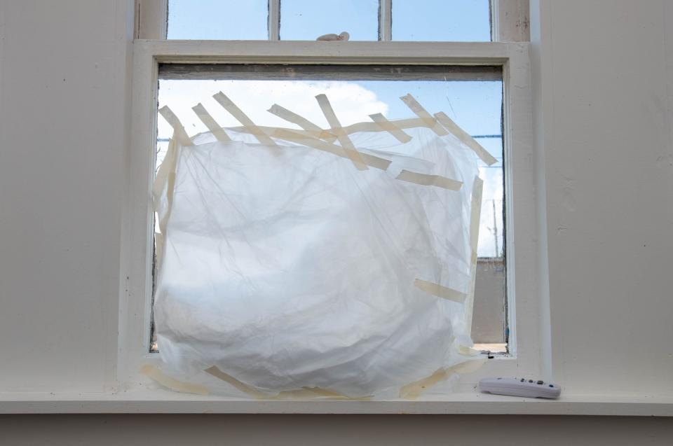 The still broken window at the Chabad Jewish Center in Pensacola on Tuesday, Aug. 15, 2023.