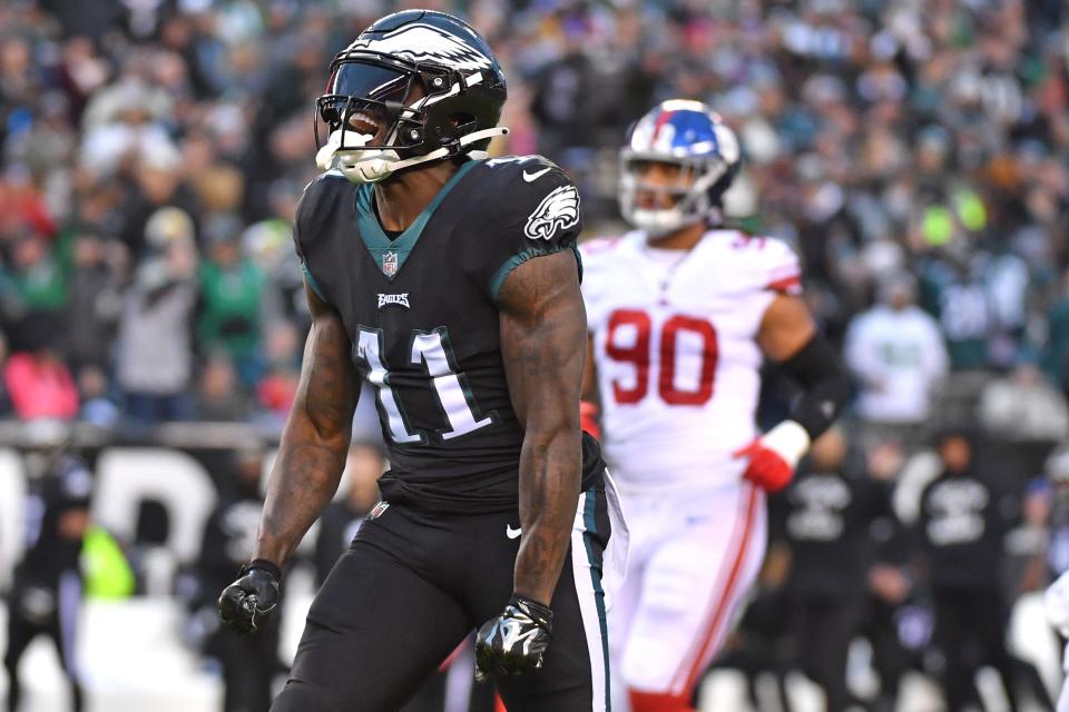 Philadelphia Eagles wide receiver A.J. Brown (11) reacts after maiking a catch against the New York Giants during the first quarter at Lincoln Financial Field.