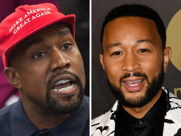 A composite image of Kanye West wearing a MAGA hat and John Legend