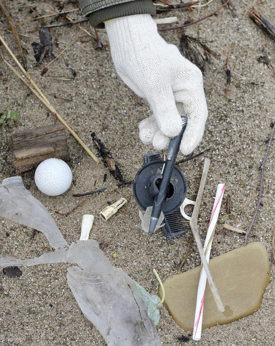 Plastic items found on Presque Isle State Park's Barracks Beach during a past spring cleanup are displayed.