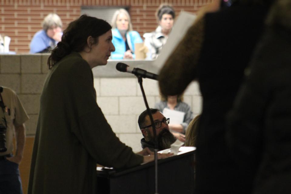 Marion Township Resident Erin Hamilton explains why she is behind green energy when it is done correctly and urged those on the board that supported the residents to stand at Parker Middle School on Thursday, Feb. 9, 2023.