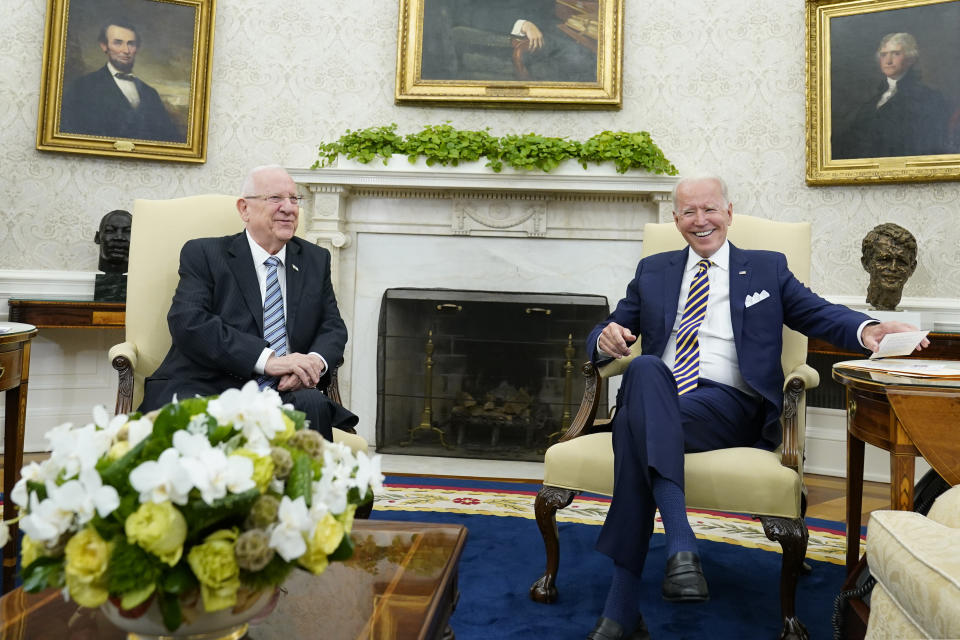 President Joe Biden meets with Israeli President Reuven Rivlin in the Oval Office of the White House in Washington, Monday, June 28, 2021. (AP Photo/Susan Walsh)