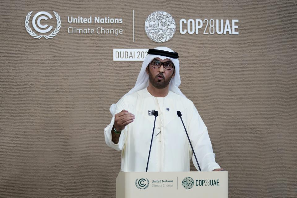 COP28 President Sultan al-Jaber speaks during a news conference at the COP28 U.N. Climate Summit, Sunday, Dec. 10, 2023, in Dubai, United Arab Emirates. (AP Photo/Kamran Jebreili)