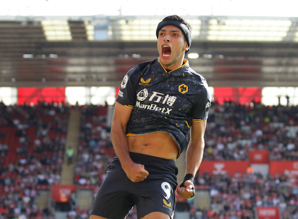 Soccer Football - Premier League - Southampton v Wolverhampton Wanderers - St Mary&#39;s Stadium, Southampton, Britain - September 26, 2021 Wolverhampton Wanderers&#39; Raul Jimenez celebrates scoring their first goal REUTERS/David Klein EDITORIAL USE ONLY. No use with unauthorized audio, video, data, fixture lists, club/league logos or &#39;live&#39; services. Online in-match use limited to 75 images, no video emulation. No use in betting, games or single club /league/player publications.  Please contact your account representative for further details.