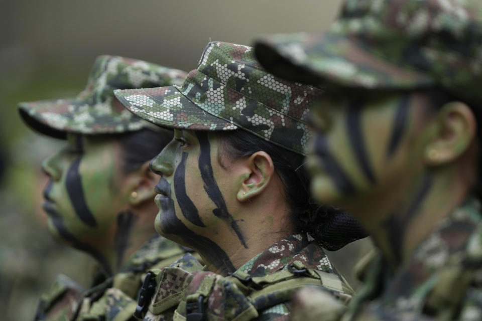 Female voluntary recruits attend a three month training program at a military base in Bogota, Colombia, Monday, March 6, 2023. After a 25-year ban, the Colombian army is once again allowing women to join its ranks through voluntary military service, which is a requirement for men. (AP Photo/Fernando Vergara)