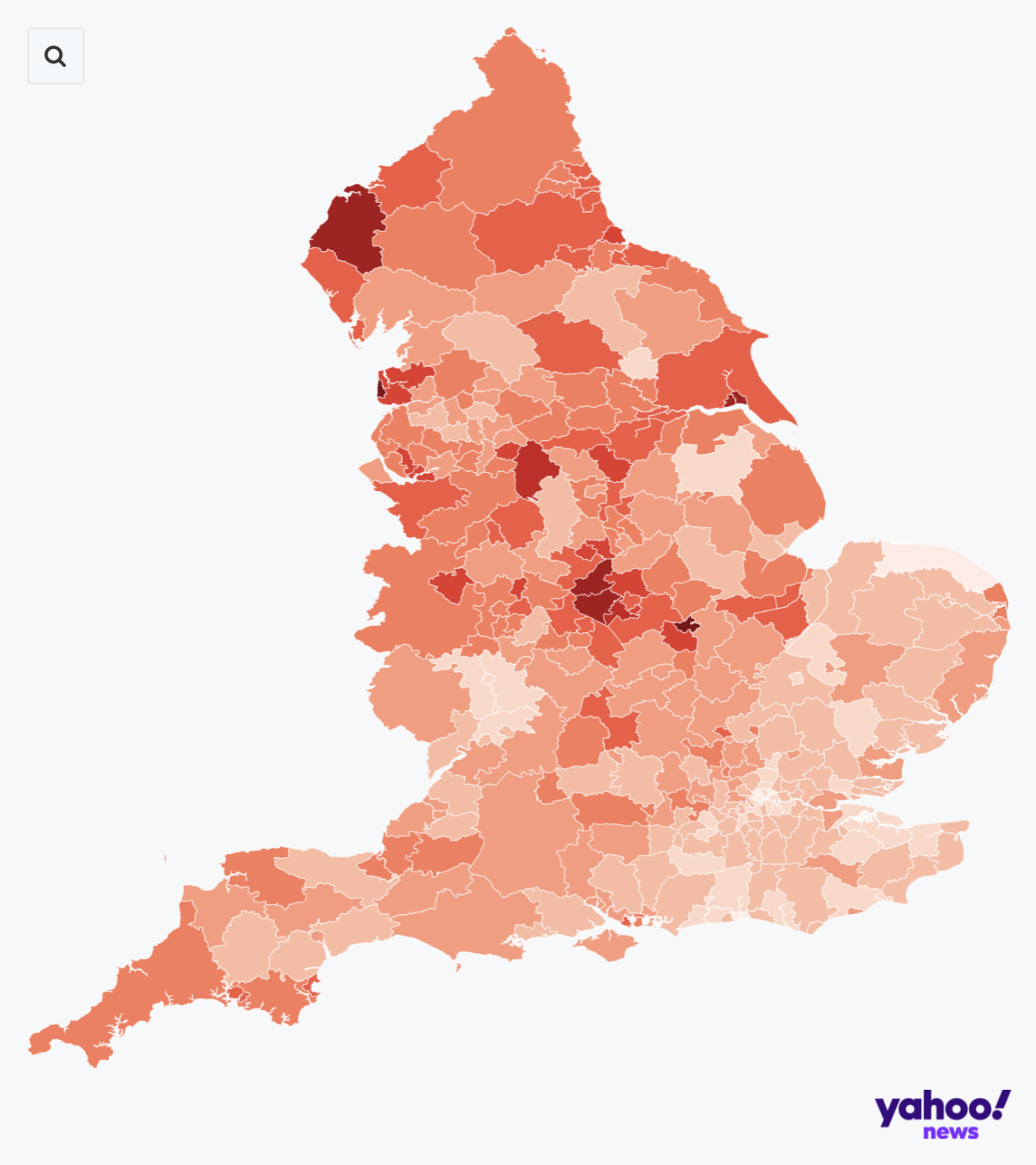 The darker shades of red indicate the areas where coronavirus case rates are highest.