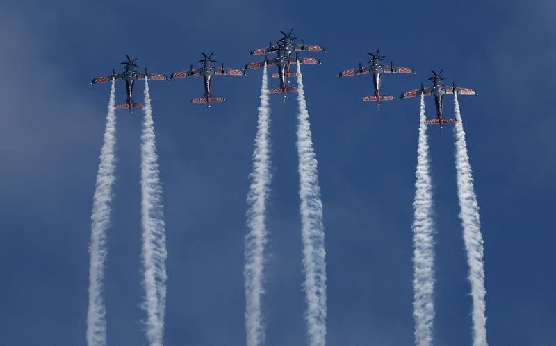 Royal Australian Air Force's Roulettes perform during an aerial display at the Singapore Airshow