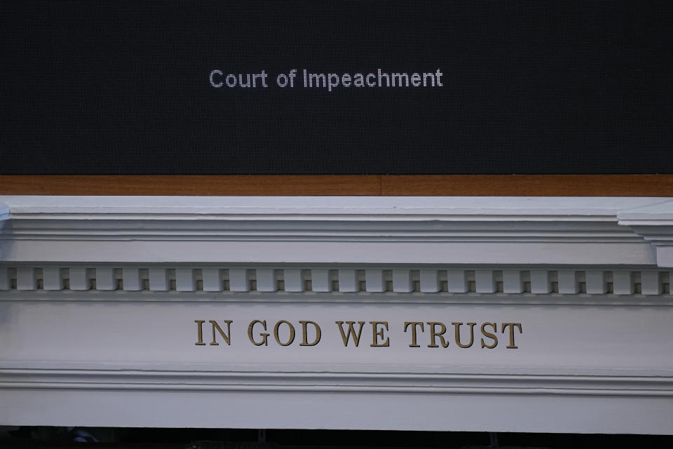 A banner announces the impeachment trial for Texas Attorney General Ken Paxton in the Senate Chamber at the Texas Capitol, Tuesday, Sept. 5, 2023, in Austin, Texas. (AP Photo/Eric Gay)