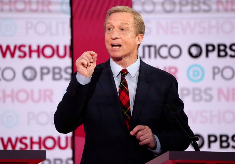 Democratic U.S. presidential candidate billionaire activist Tom Steyer speaks at the 2020 campaign debate at Loyola Marymount University in Los Angeles