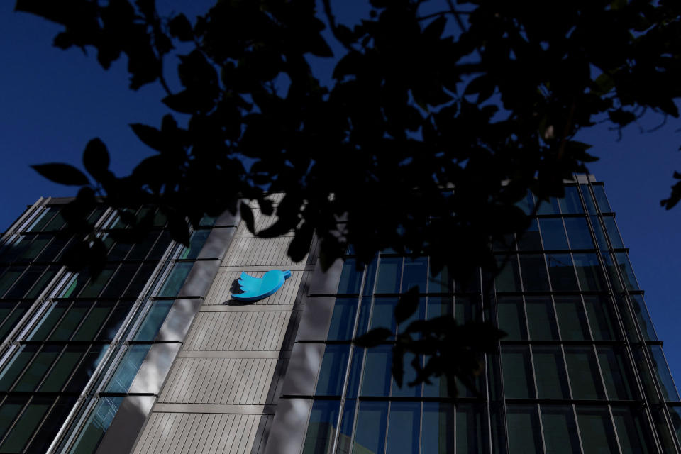 A view of the Twitter logo at its corporate headquarters in San Francisco, California, U.S. November 18, 2022. REUTERS/Carlos Barria